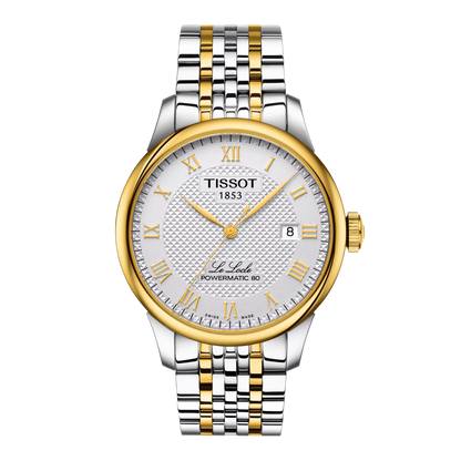 A Tissot Le Locle Powermatic 80 watch with a two-tone gold and silver bracelet and a silver dial with Roman numerals.