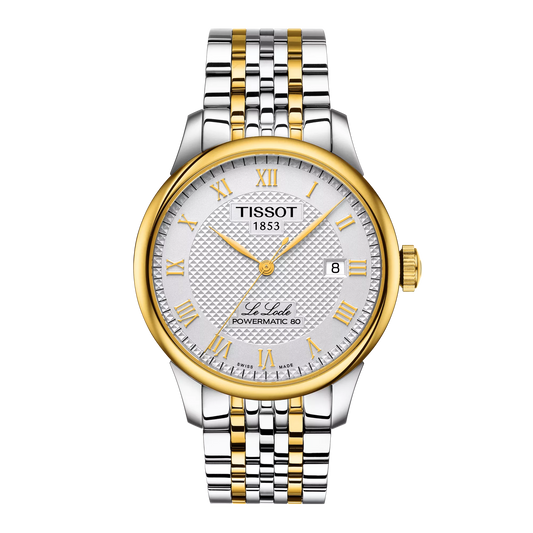 A Tissot Le Locle Powermatic 80 watch with a two-tone gold and silver bracelet and a silver dial with Roman numerals.