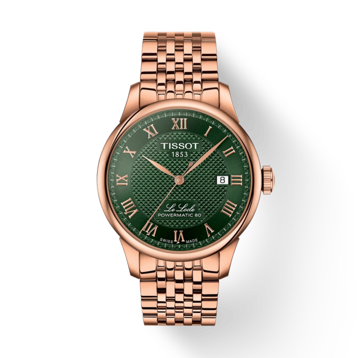 Rose gold Tissot watch with green dial on a white background