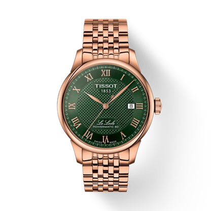 Rose gold Tissot watch with green dial on a white background