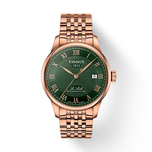 Rose gold Tissot watch with green dial on a white background