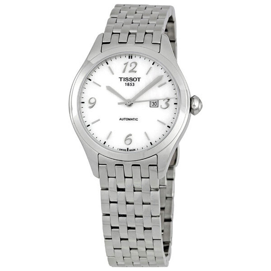 A Tissot T-Classic T-One Ladies Automatic Watch with a stainless steel bracelet and a mother-of-pearl dial.