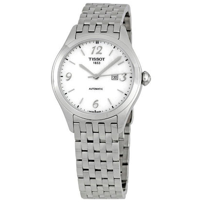 A Tissot T-Classic T-One Ladies Automatic Watch with a stainless steel bracelet and a mother-of-pearl dial.