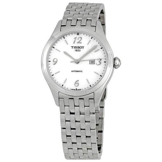 A Tissot T-Classic T-One Ladies Automatic Watch with a stainless steel bracelet and a mother-of-pearl dial.