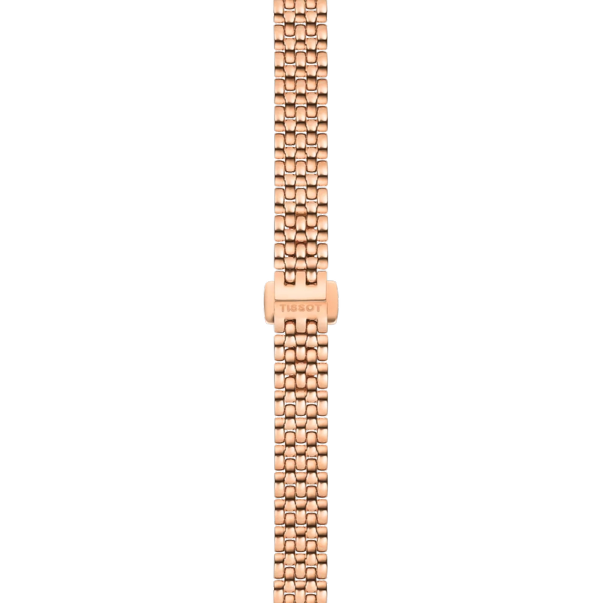 Rose gold watch strap with Tissot logo on a white background