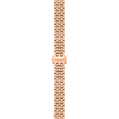 Rose gold watch strap with Tissot logo on a white background