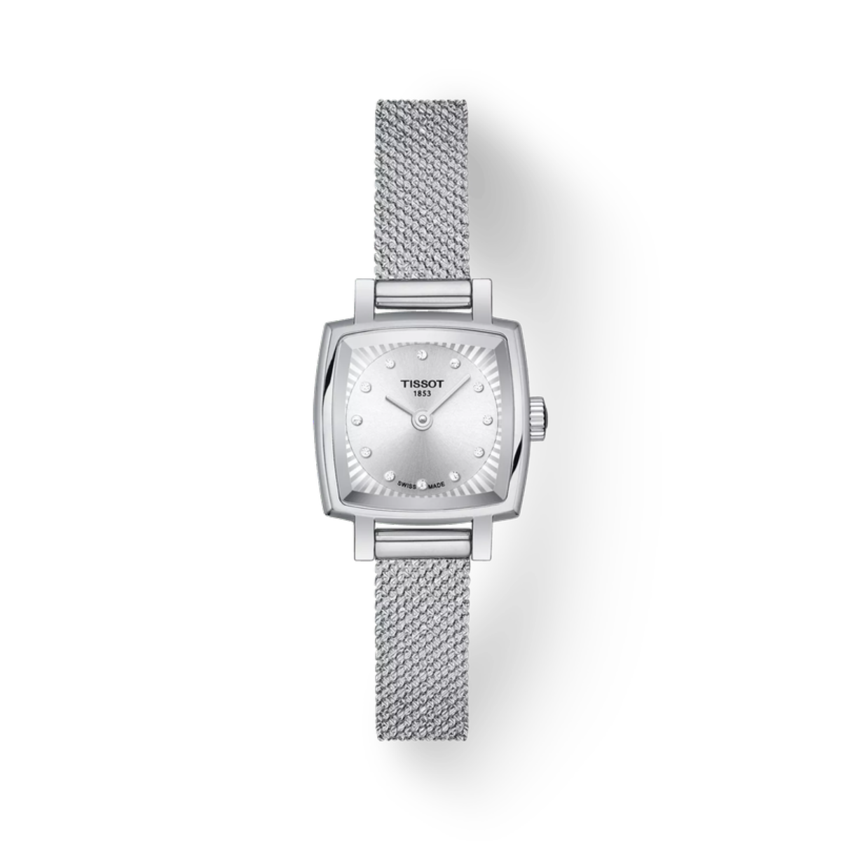 Silver Tissot watch with mesh band on a white background
