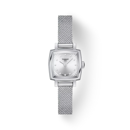 Silver Tissot watch with mesh band on a white background