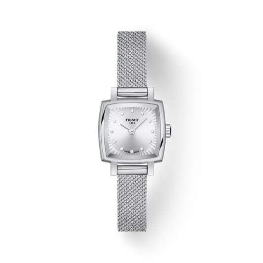 Silver Tissot watch with mesh band on a white background