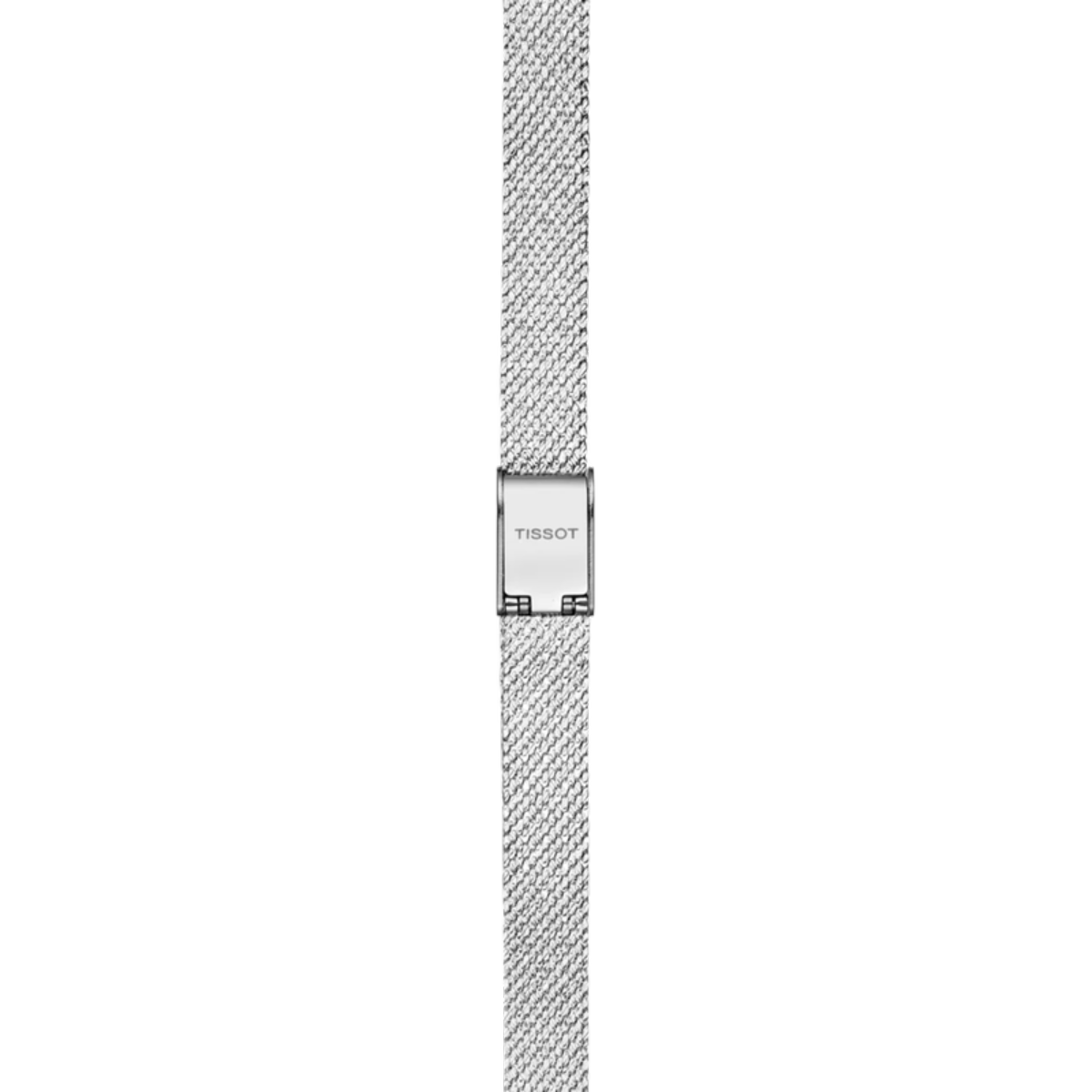 Silver watch strap with Tissot logo on a white background