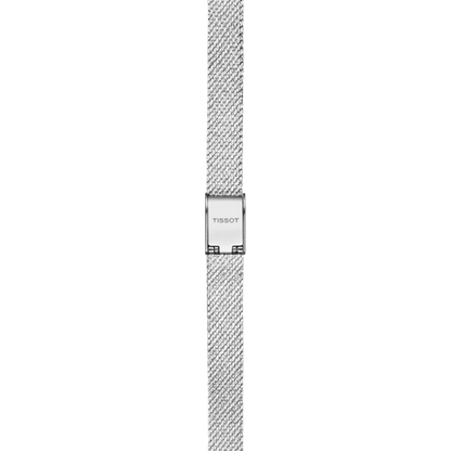 Silver watch strap with Tissot logo on a white background