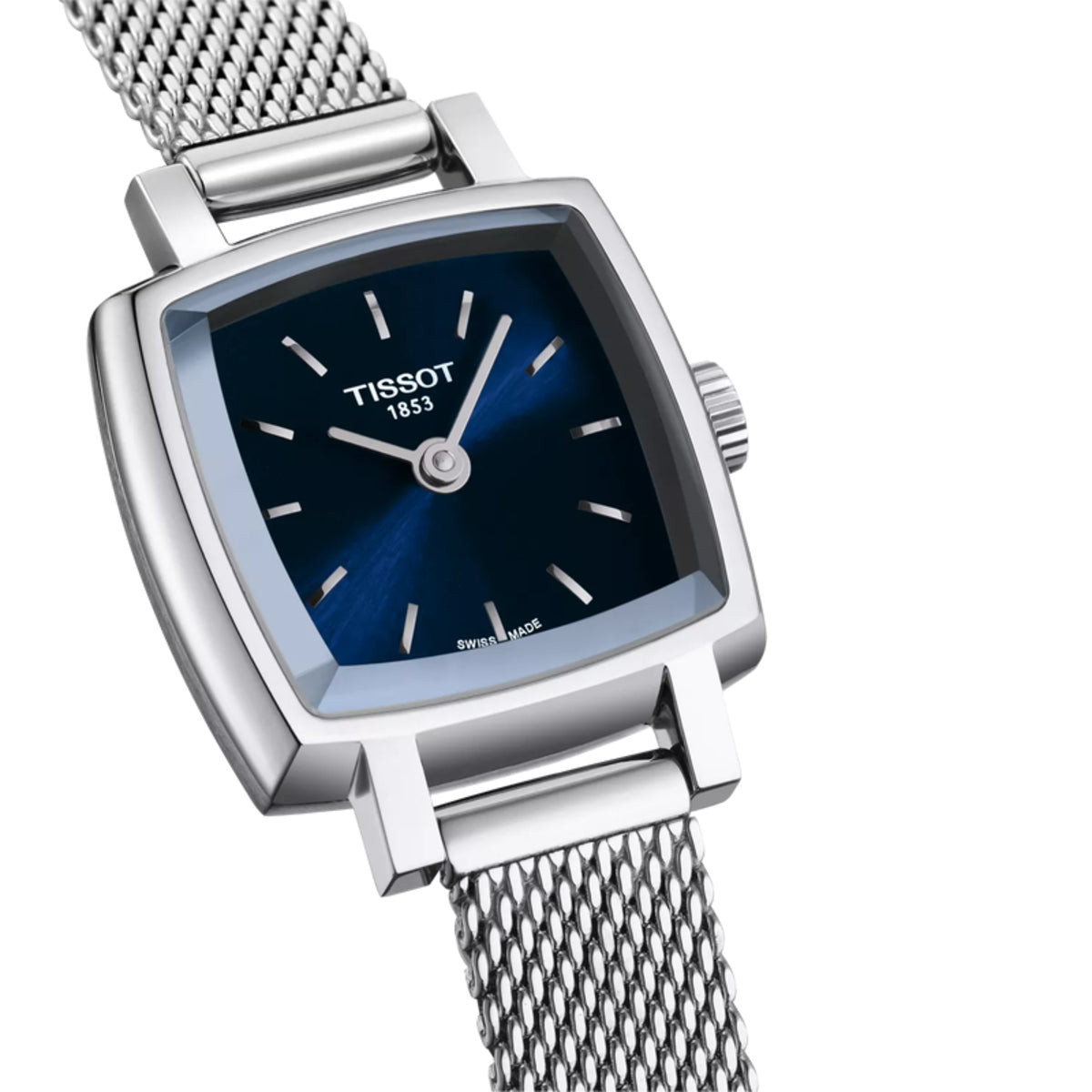 Silver Tissot watch with blue face on a white background