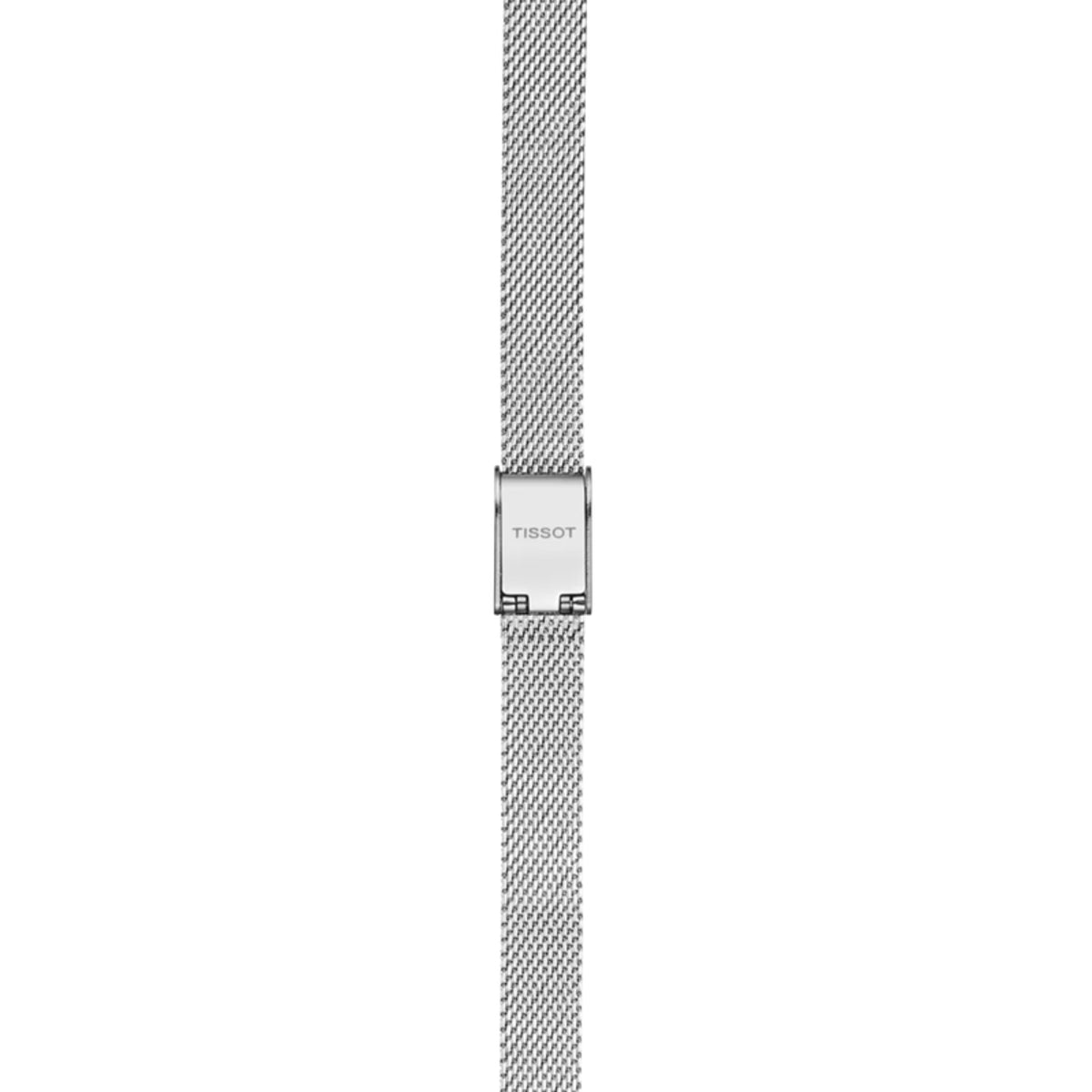 Silver mesh watch strap with Tissot logo on a white background