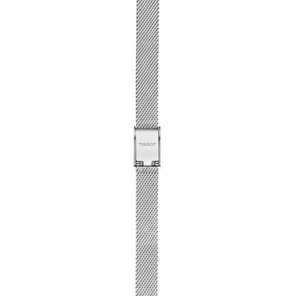 Silver mesh watch strap with Tissot logo on a white background