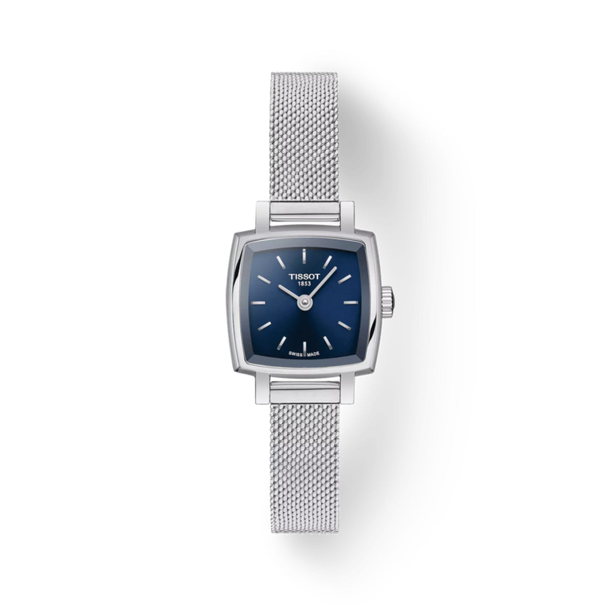 Tissot watch with silver mesh strap and blue dial on a white background