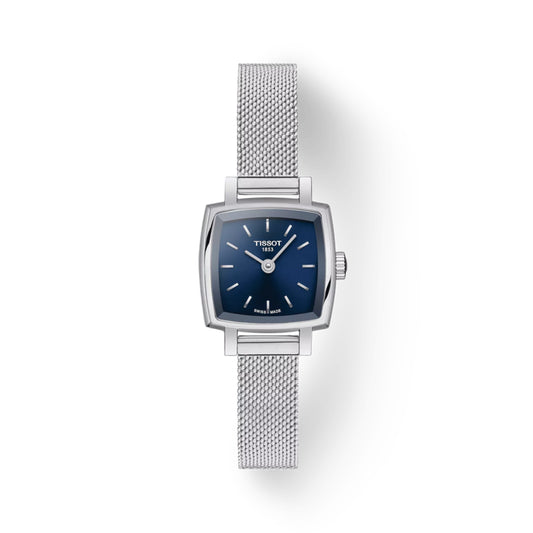 Tissot watch with silver mesh strap and blue dial on a white background