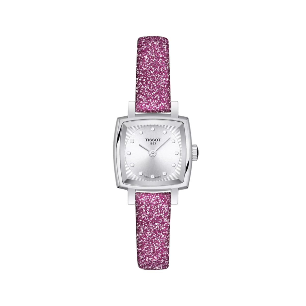 Tissot watch with pink glitter strap on a white background
