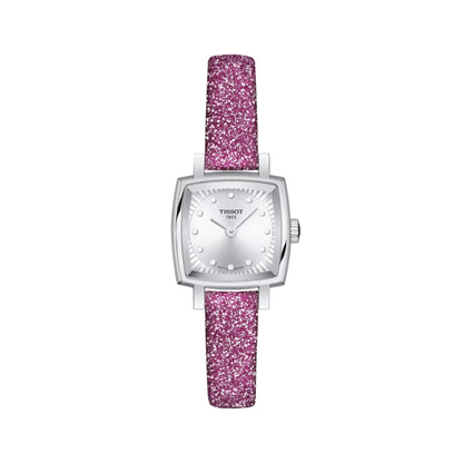 Tissot watch with pink glitter strap on a white background
