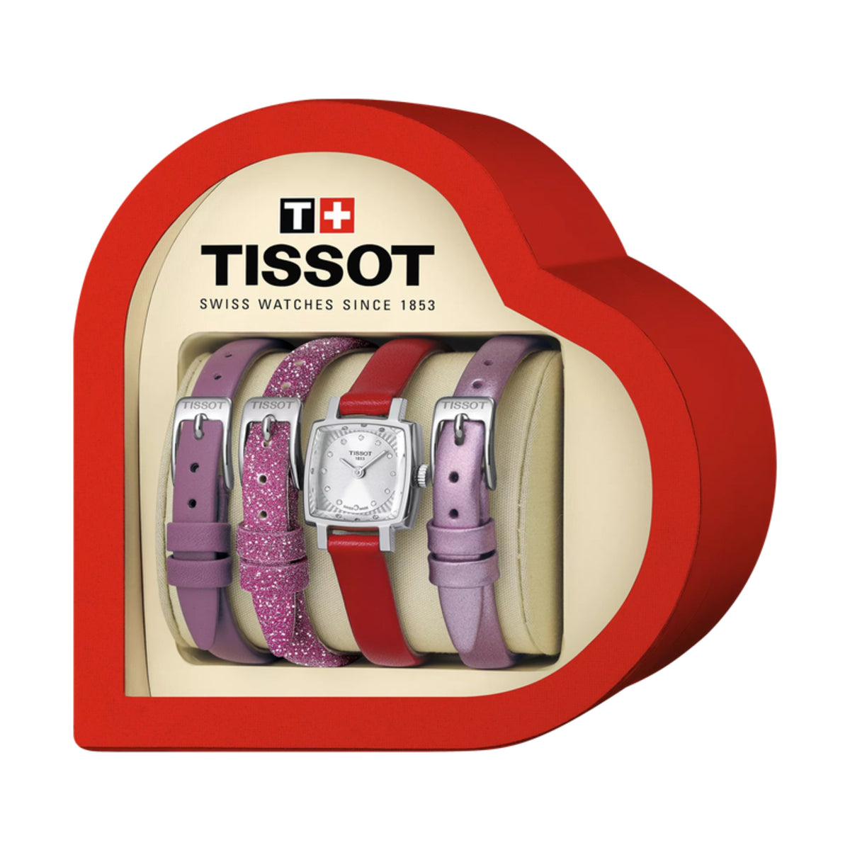 Tissot watch set with three watches in a red and beige box on a white background