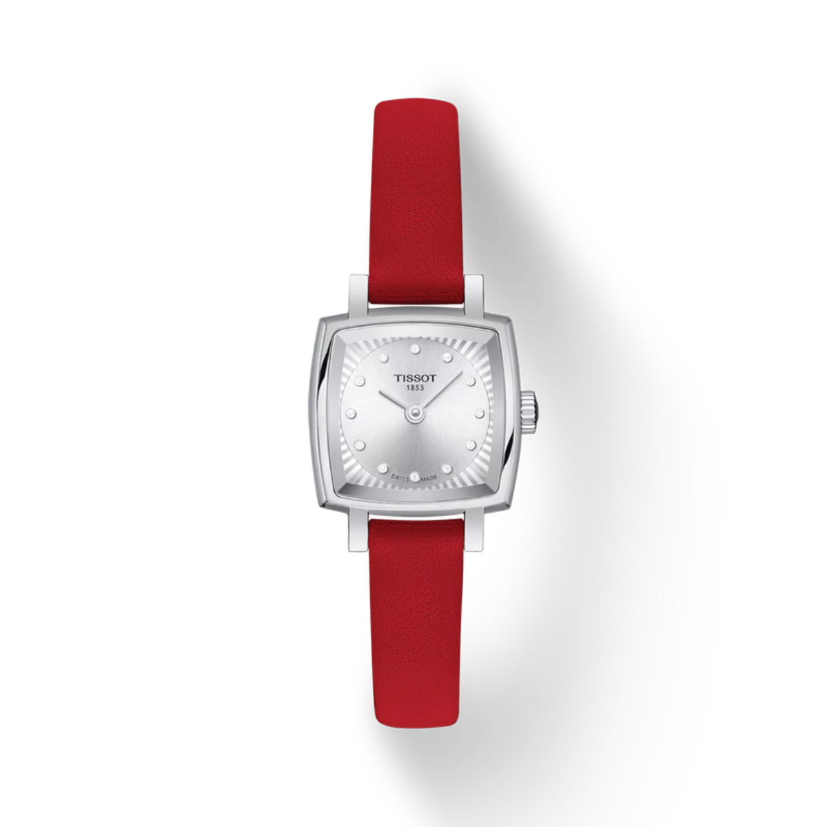 Tissot watch with a red strap on a white background