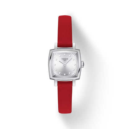 Tissot watch with a red strap on a white background