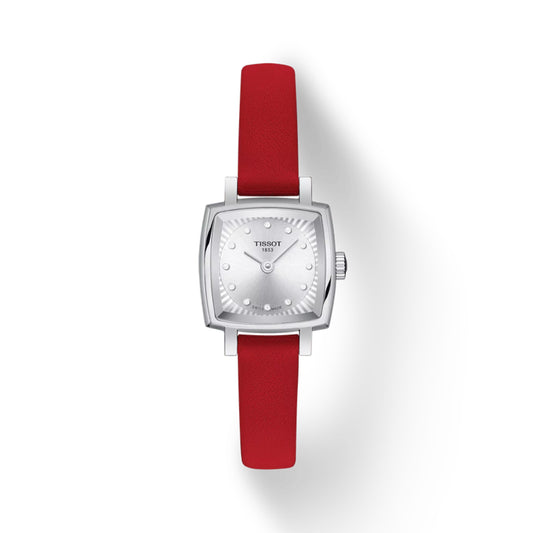 Tissot watch with a red strap on a white background