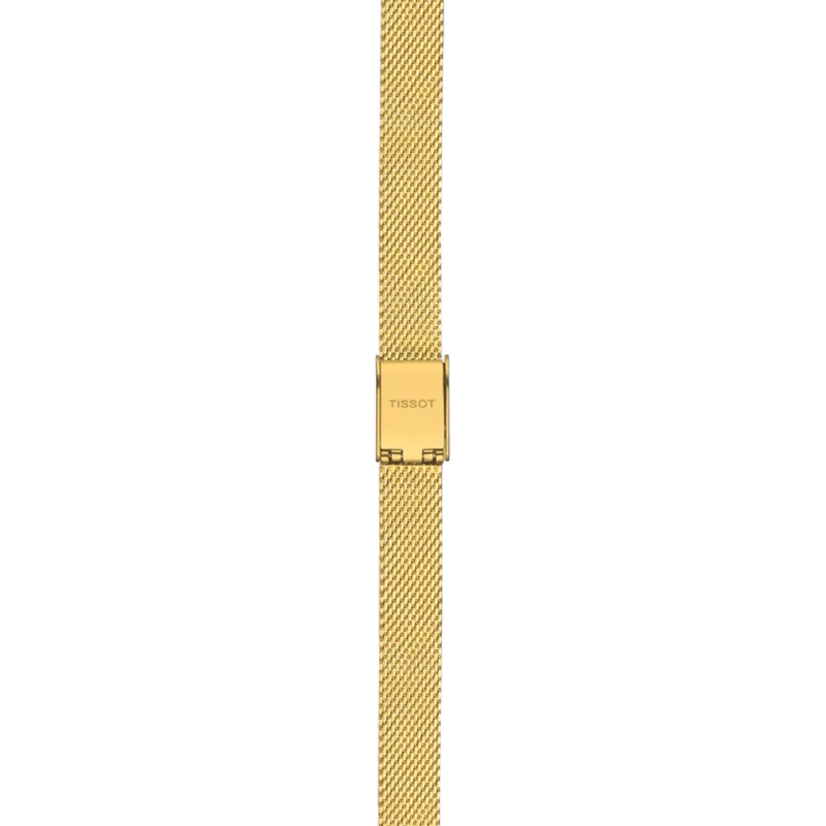 Gold watch strap with Tissot logo on a white background