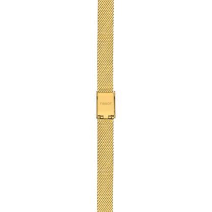 Gold watch strap with Tissot logo on a white background