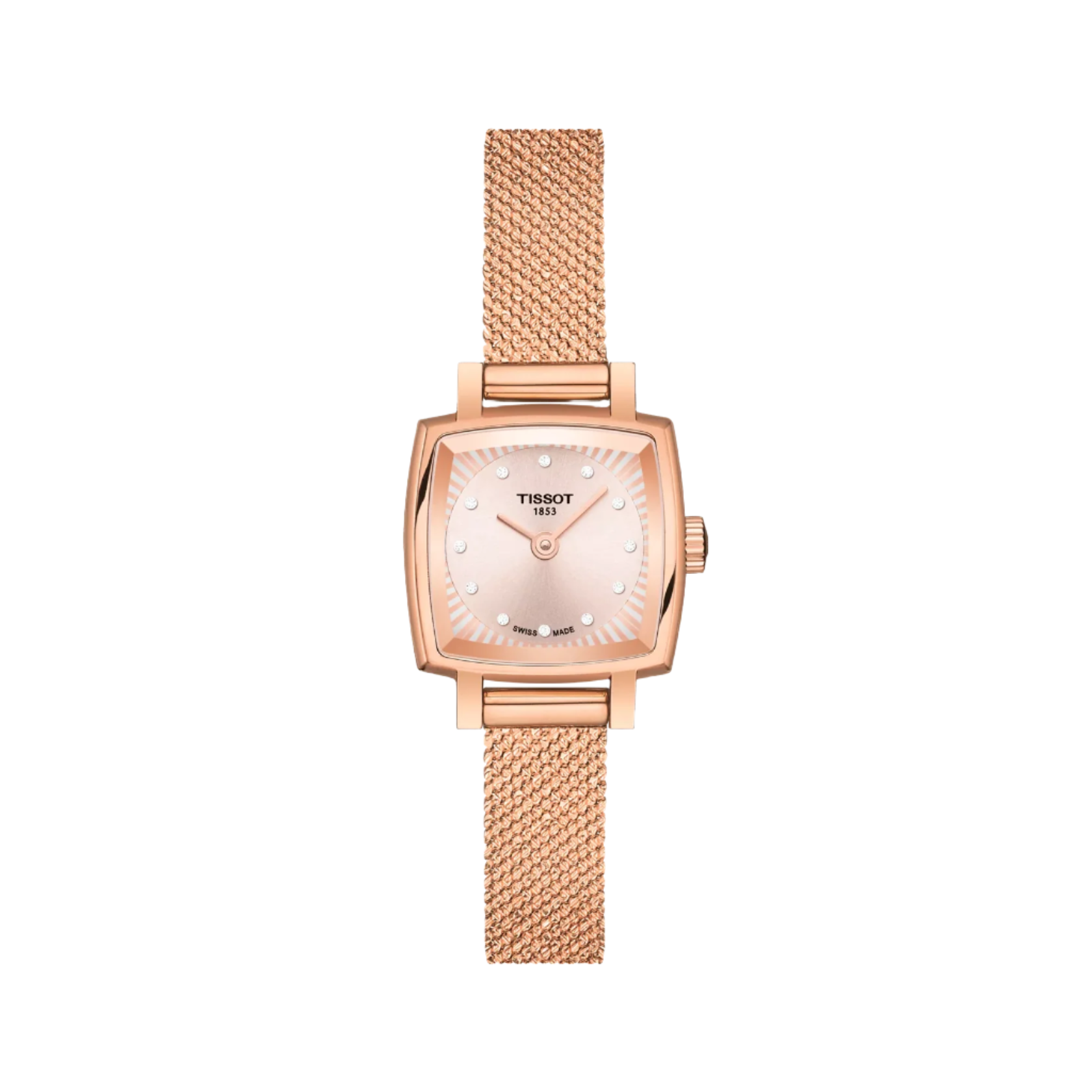 A rose gold Tissot T-Lady Lovely Square Swiss Quartz women's watch with a square dial and a mesh band.