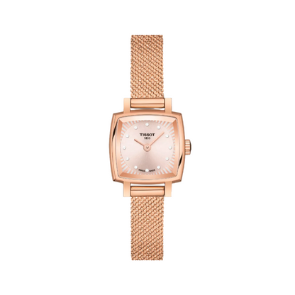 A rose gold Tissot T-Lady Lovely Square Swiss Quartz women's watch with a square dial and a mesh band.