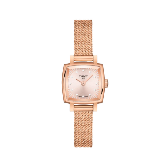 A rose gold Tissot T-Lady Lovely Square Swiss Quartz women's watch with a square dial and a mesh band.