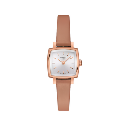A Tissot Lovely Quartz Simple Analog Watch for women with a silver dial and light brown leather strap.