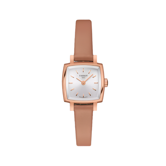 A Tissot Lovely Quartz Simple Analog Watch for women with a silver dial and light brown leather strap.
