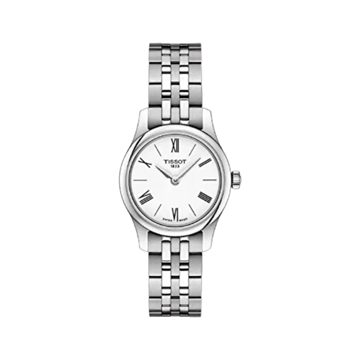 Silver Tissot watch on a light gray background