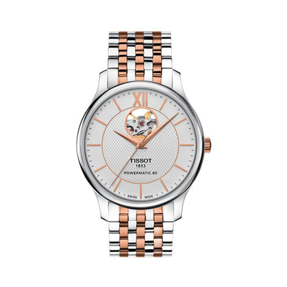 A Tissot Tradition Powermatic 80 Open Heart men's watch with a silver and rose gold case, a white dial, and a two-tone rose gold and silver bracelet.