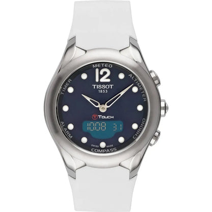Tissot watch with white strap and blue dial on a white background