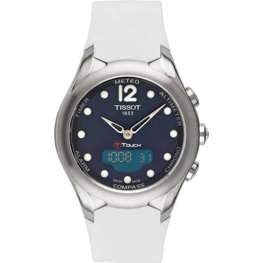 Tissot watch with white strap and blue dial on a white background