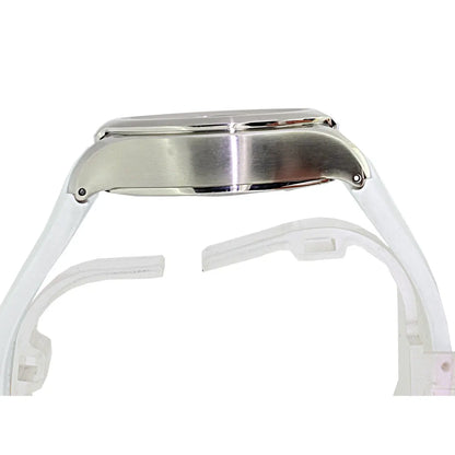 Metallic watch case on a white background