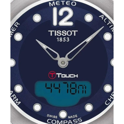Tissot watch face with blue dial and digital display