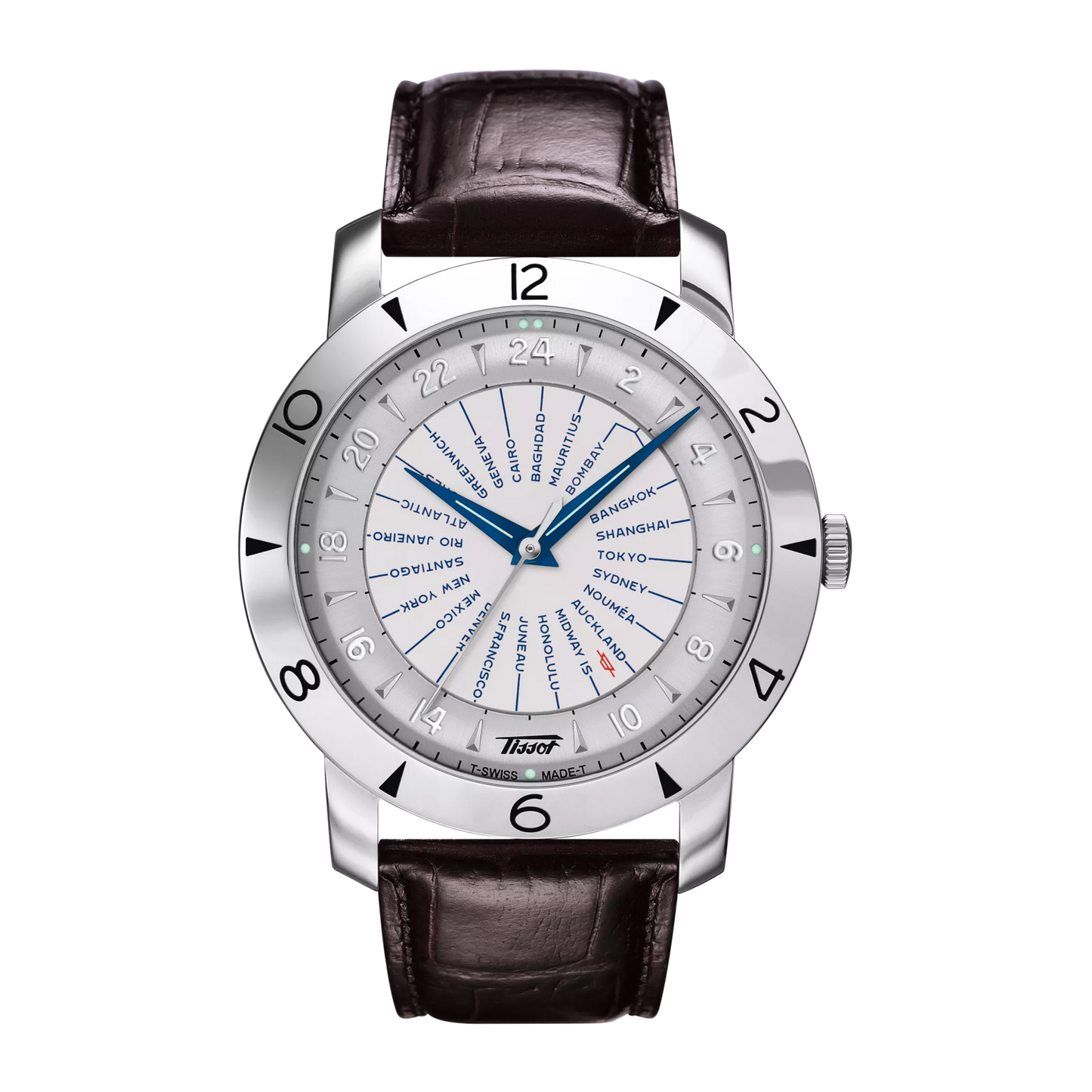 A Tissot Heritage Navigator Automatic men's watch with a white dial, blue hands, and a brown leather strap.