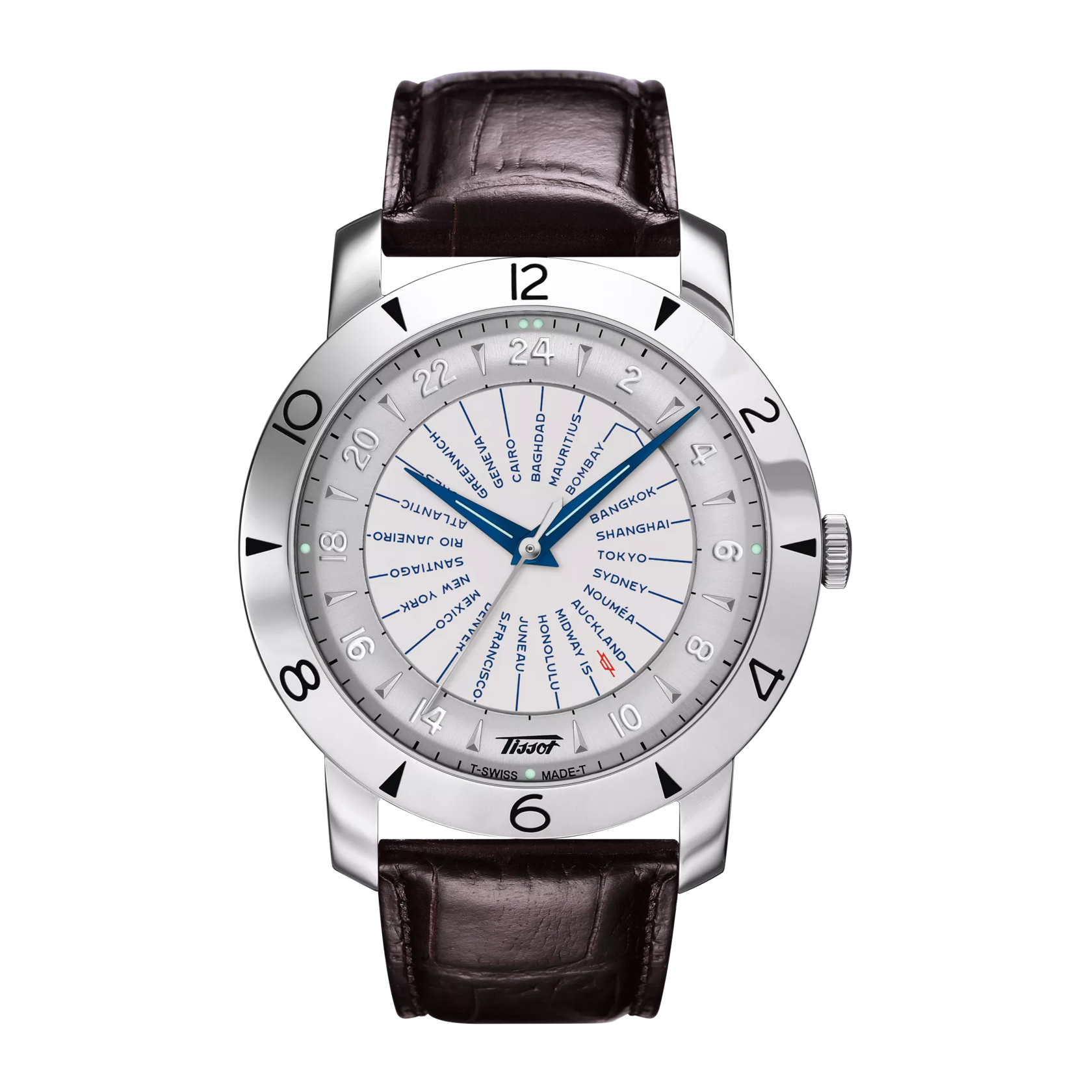 A Tissot Heritage Navigator Automatic men's watch with a white dial, blue hands, and a brown leather strap.