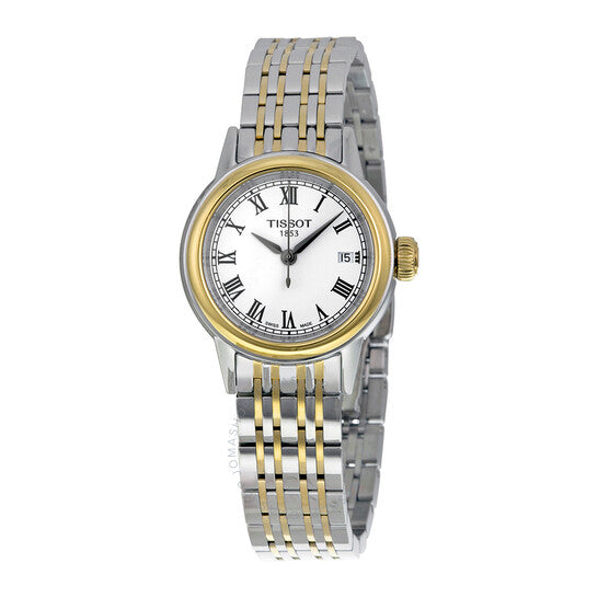 A Tissot Carson Two-tone Women Watch with a silver-tone stainless steel case, a gold PVD bezel, and a two-tone bracelet. The watch features a white dial with black hands and Roman numeral markers.