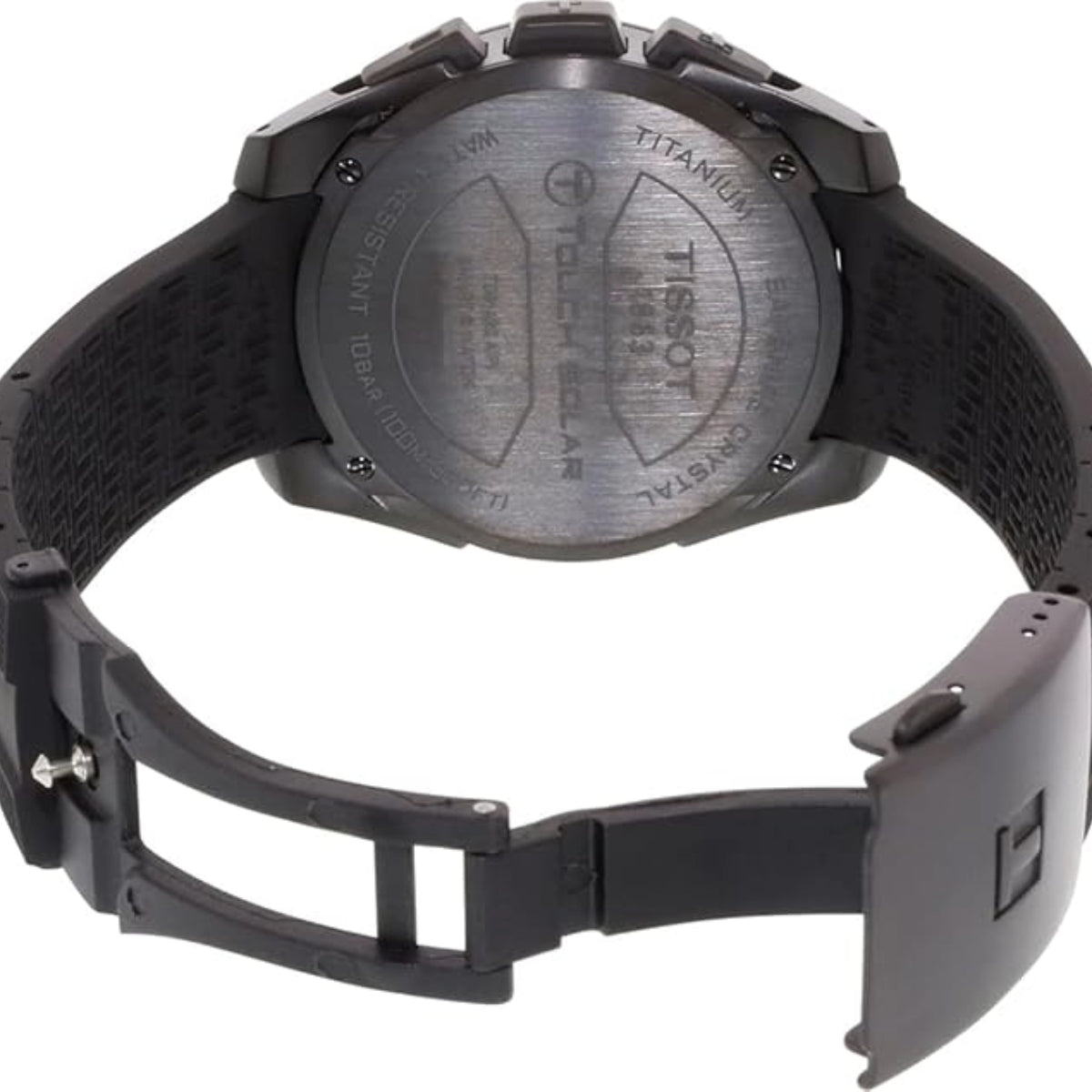 Back view of a Tissot watch with visible branding on a white background