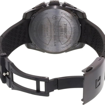 Back view of a Tissot watch with visible branding on a white background