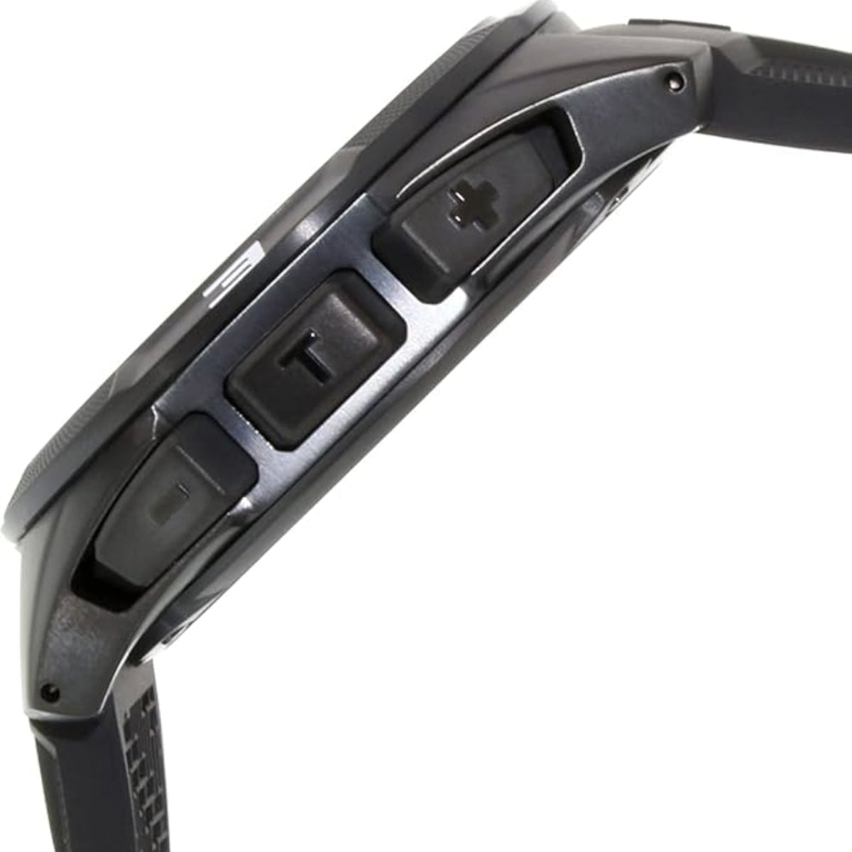 Close-up of a smartwatch with button details on a white background