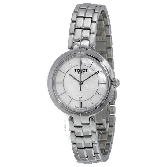 A Tissot women's watch with a mother of pearl dial, stainless steel bracelet, and a silver-colored case.