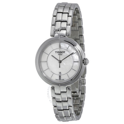 A Tissot women's watch with a mother of pearl dial, stainless steel bracelet, and a silver-colored case.