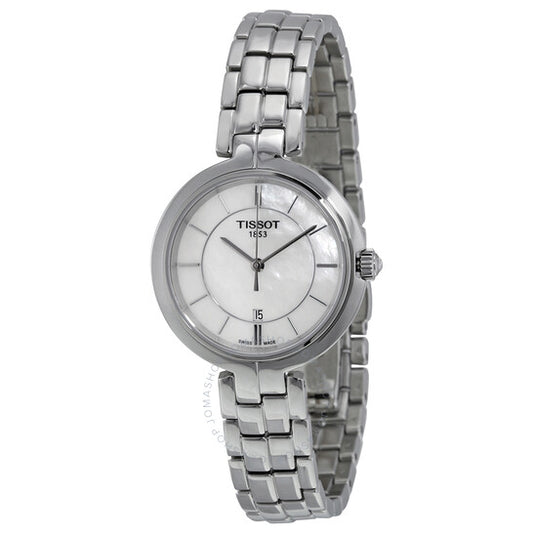 A Tissot women's watch with a mother of pearl dial, stainless steel bracelet, and a silver-colored case.