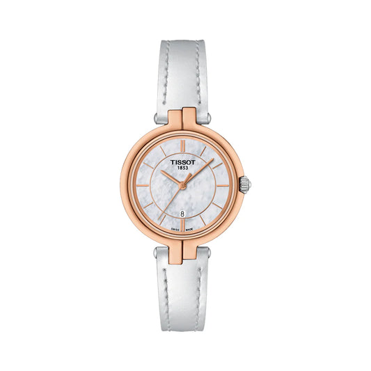 A Tissot women's watch with a white dial and rose gold case, featuring a white leather strap.