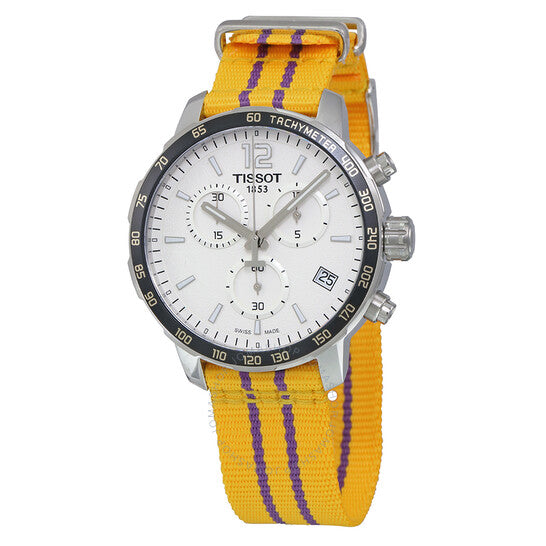 Tissot Quickster Lakers NBA Special Edition Men's Watch with a silver dial and a yellow and purple strap featuring the Los Angeles Lakers colors.